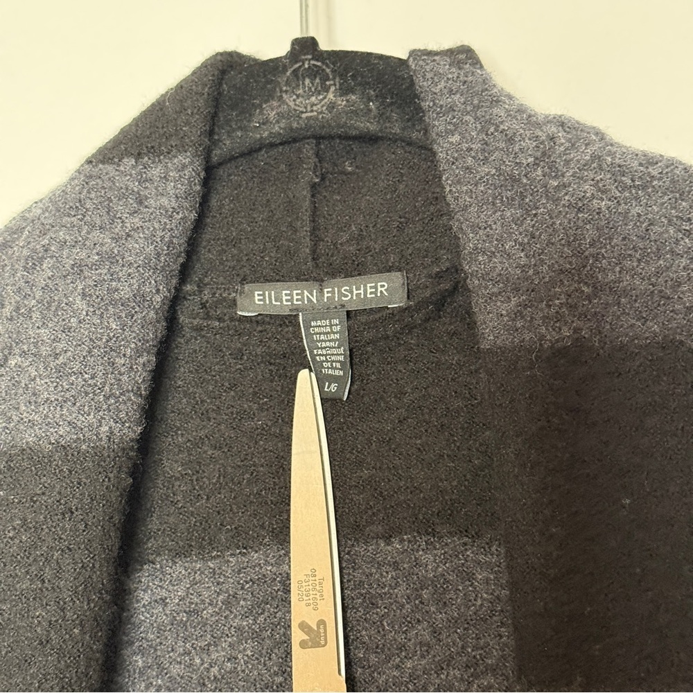 Eileen Fisher Merino Wool Striped Cardigan Black Gray Open Front Oversized L - Picture 7 of 8